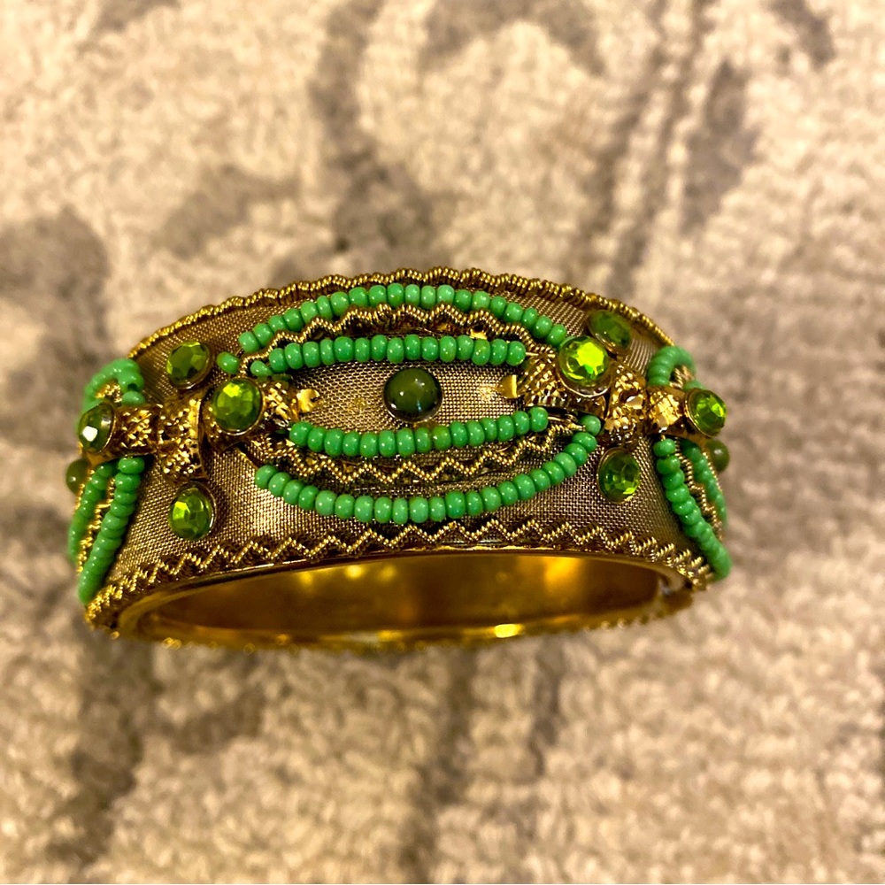 Vintage Cuff Bracelet Gold Tone Green Rhinestone & Beaded Hinged